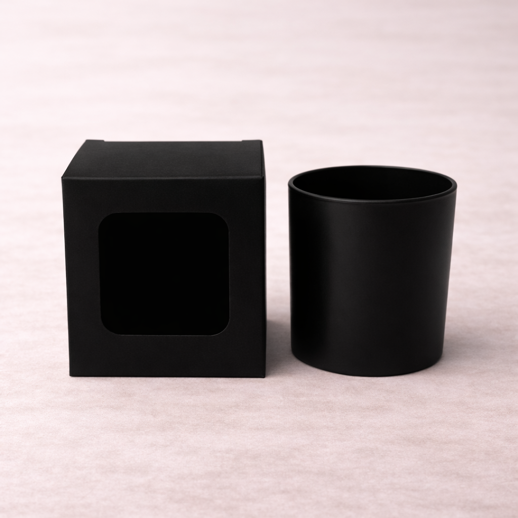 30cl Matte Black candle box with a web top and window.